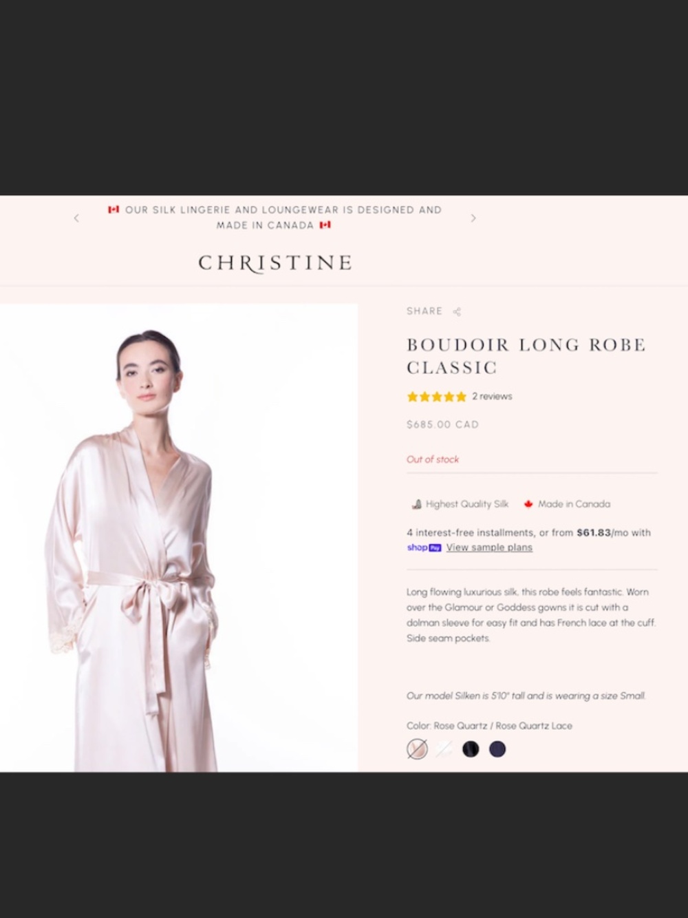 Christine BOUDOIR LONG ROBE Lingerie Luxury Pink Silk Lace Trim Robe -Canada